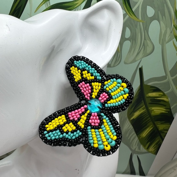 Colorful & Flirty Beaded Embroidery Butterfly -Cute Statement Butterfly Earrings - Picture 6 of 7